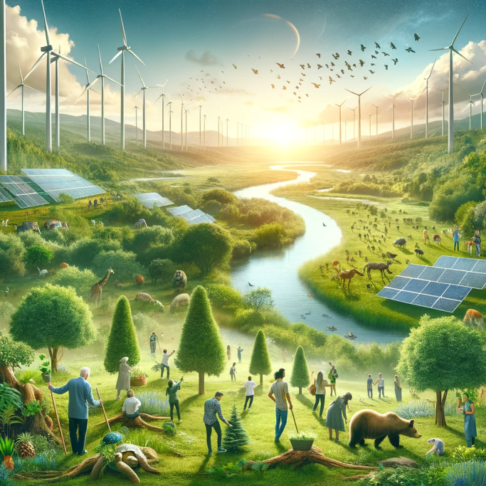 A vibrant landscape showcasing sustainable living, with people planting trees, diverse wildlife, and renewable energy sources like wind turbines and solar panels.