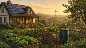 Illustration of an eco-friendly home with rooftop solar panels, garden beds, a compost bin and wind turbines on rolling green hills